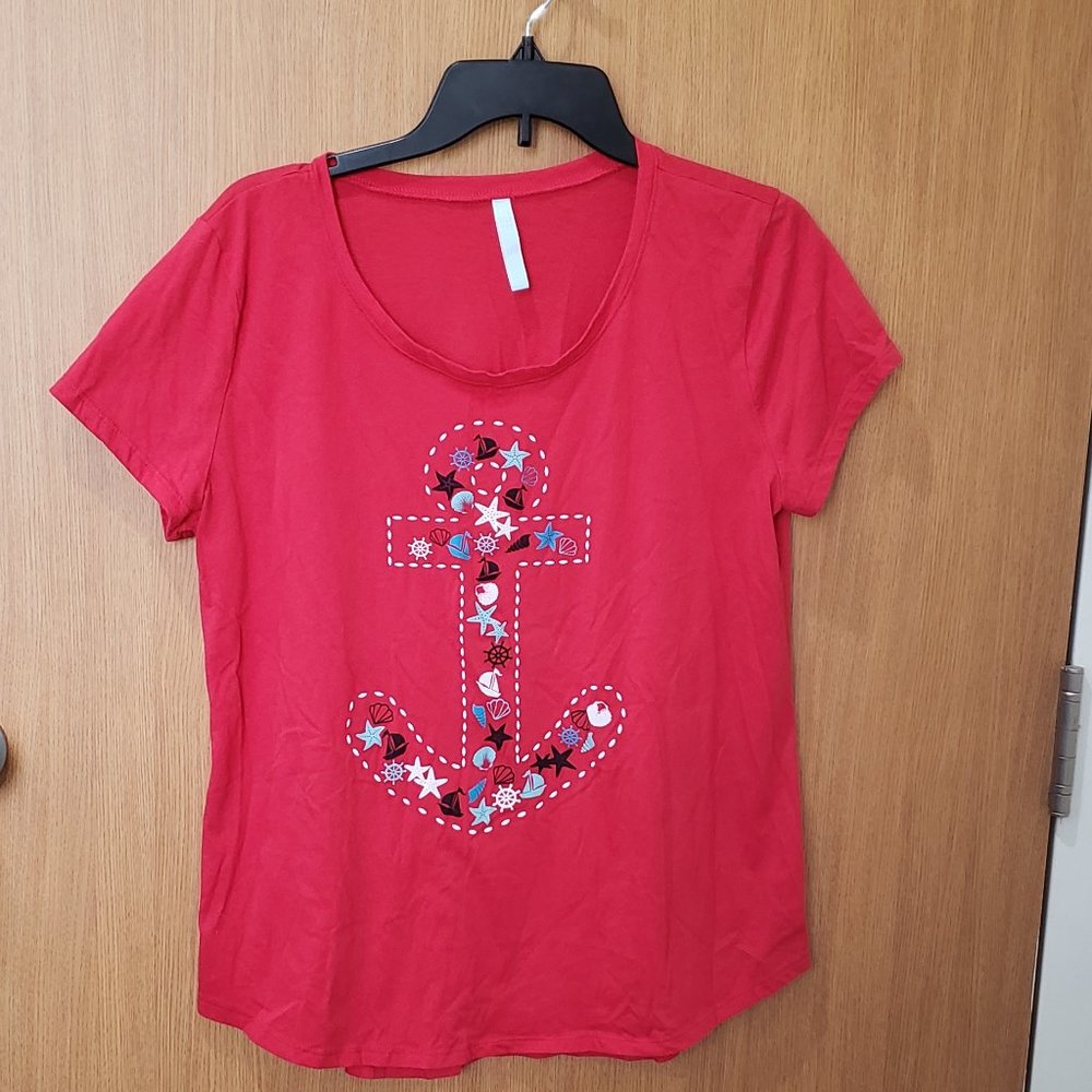 Rebel Sky, red anchor graphic nautical theme, short sleeve tee shirt, XL